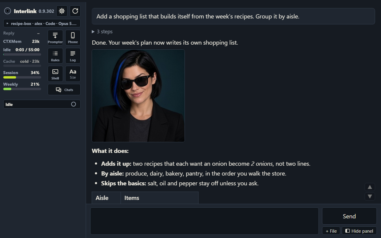 Interlink on the PC: a real chat, the status panel and Claudia